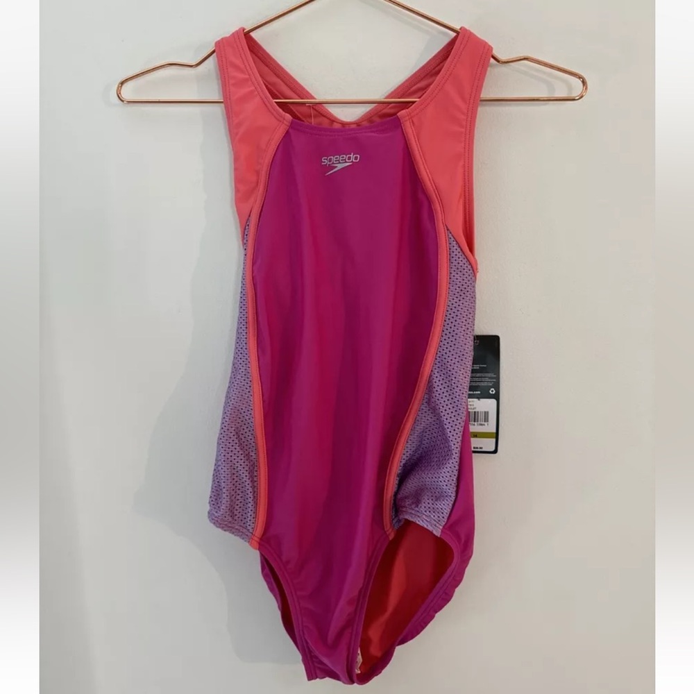 NEW Speedo Girls Size 14 NWT Swimsuit Pink Purple  Racer Back One Piece